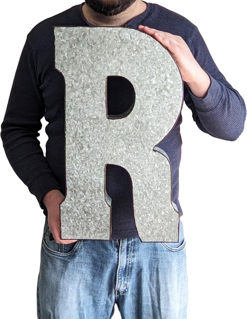 Science Purchase 20" Metal Letter R Wall Decor, Silver with Rusted Edges, Galvanized Wall Mountable Decoration for Country, Mid-Century, or Farmhouse Themed Room or Event - Image 2